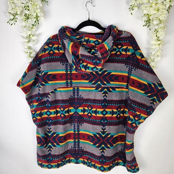 KAVU Overlook Polar Fleece Poncho Hoodie Aztec Cozy Oversize Southwestern Medium - Picture 4 of 12